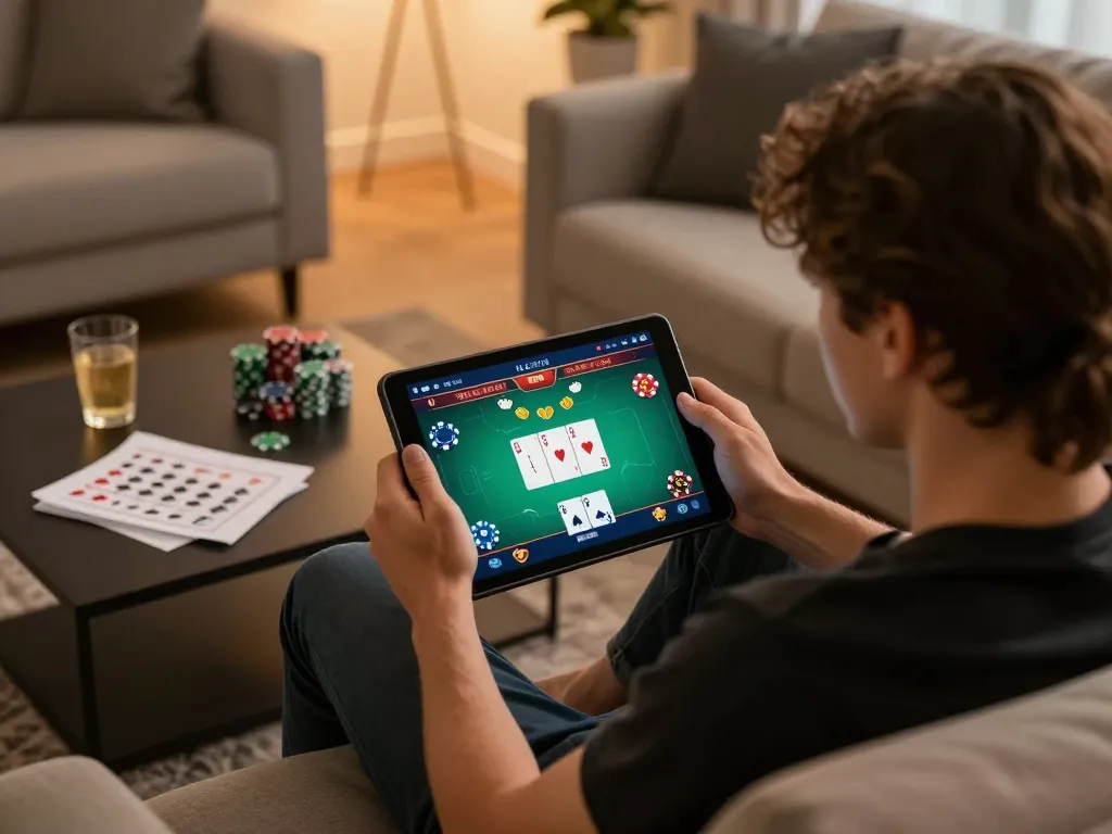 Engaging online gaming with sun win on tablet at home, showing poker gameplay and strategy notes.