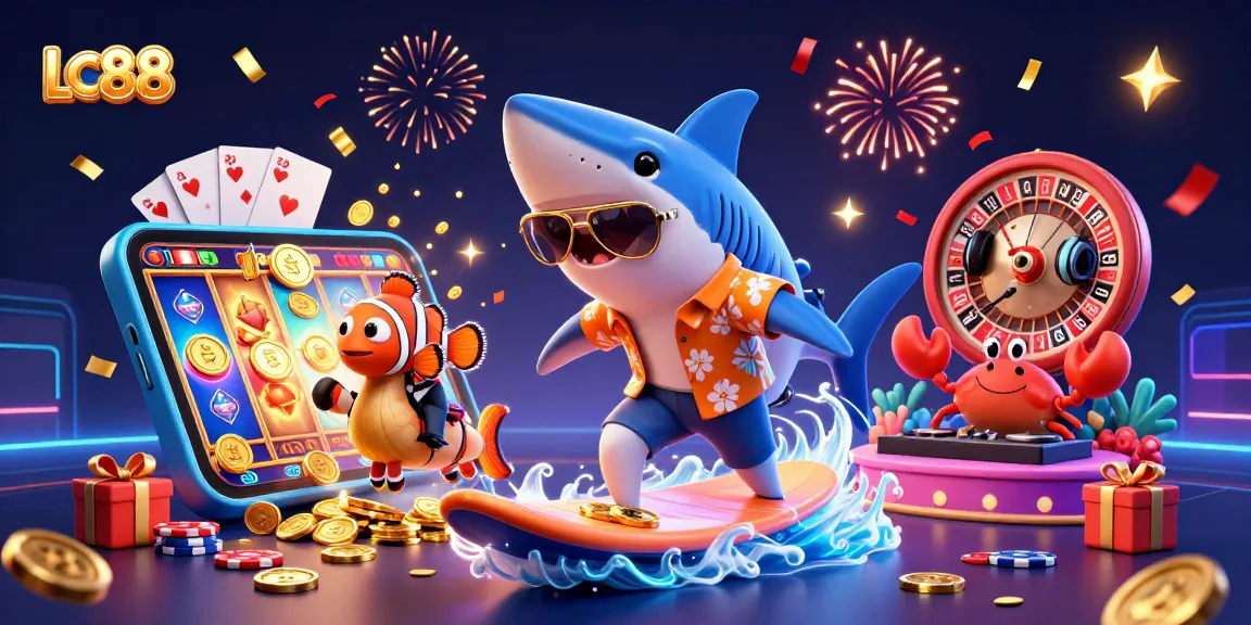 Experience thrilling gaming at LC88 with a vibrant, action-packed casino illustration featuring exciting characters.