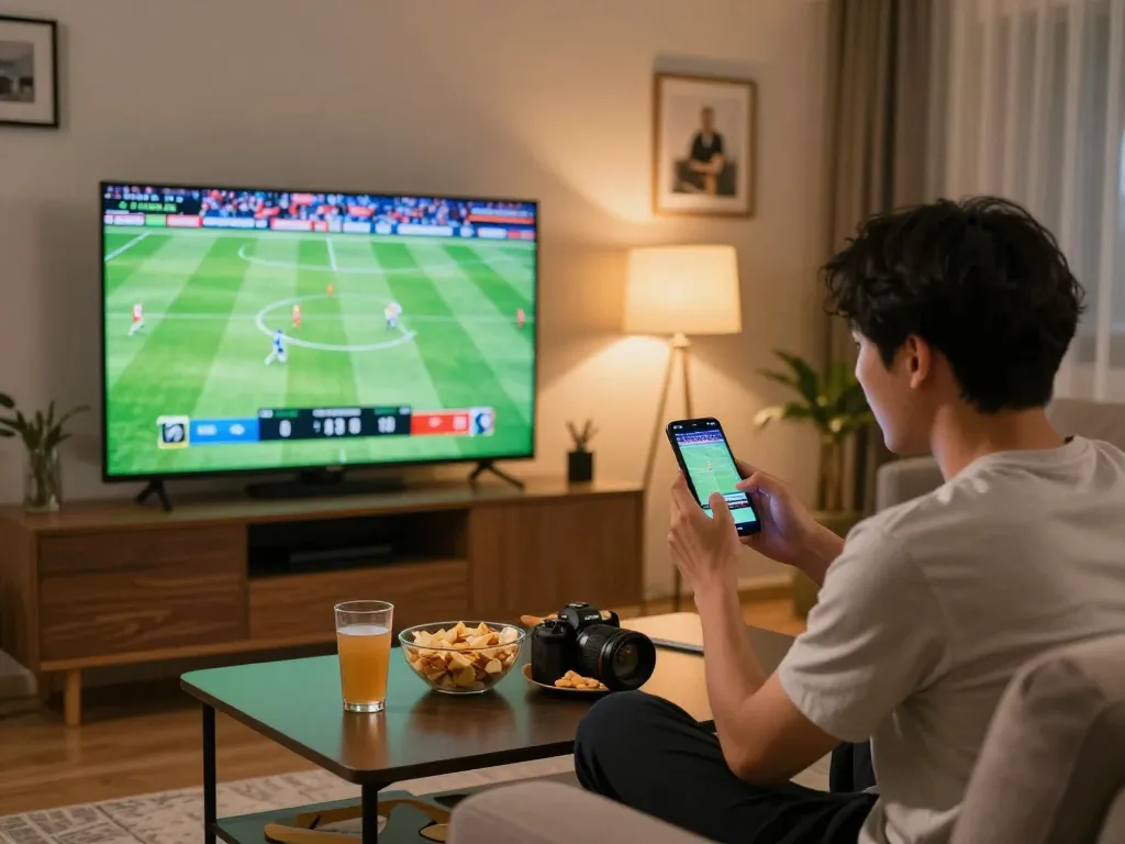 Person engaging with keobongda while placing live sports bets on their smartphone during an exciting match.