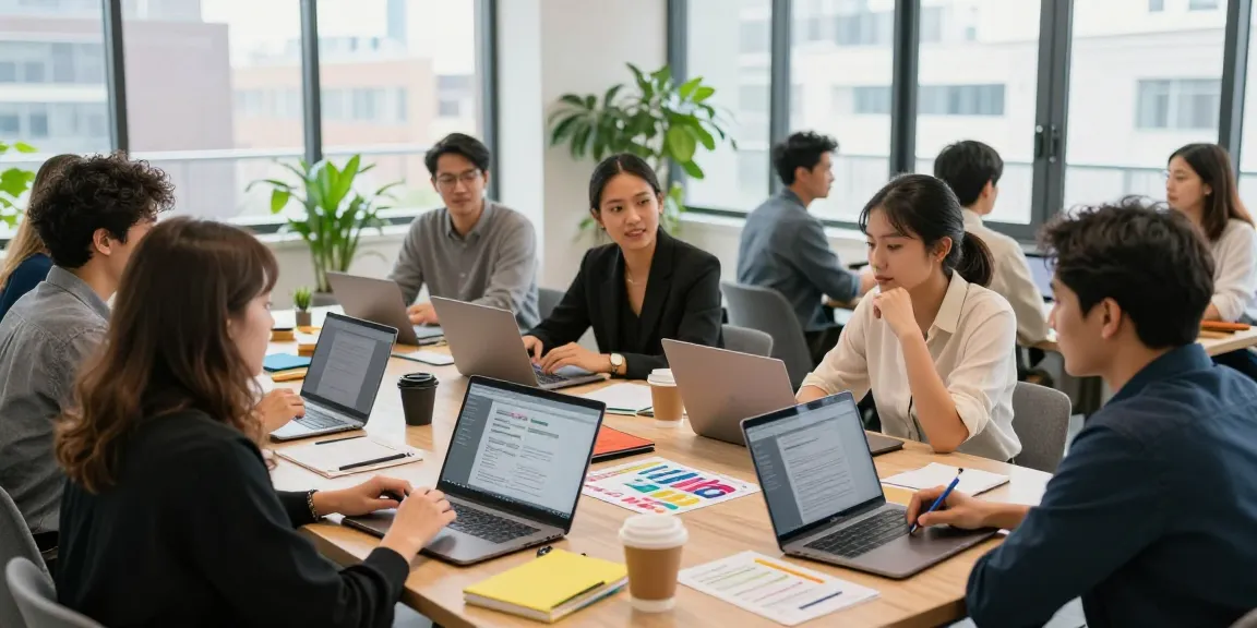 Self-employed professionals networking in a modern co-working space, collaborating on projects.