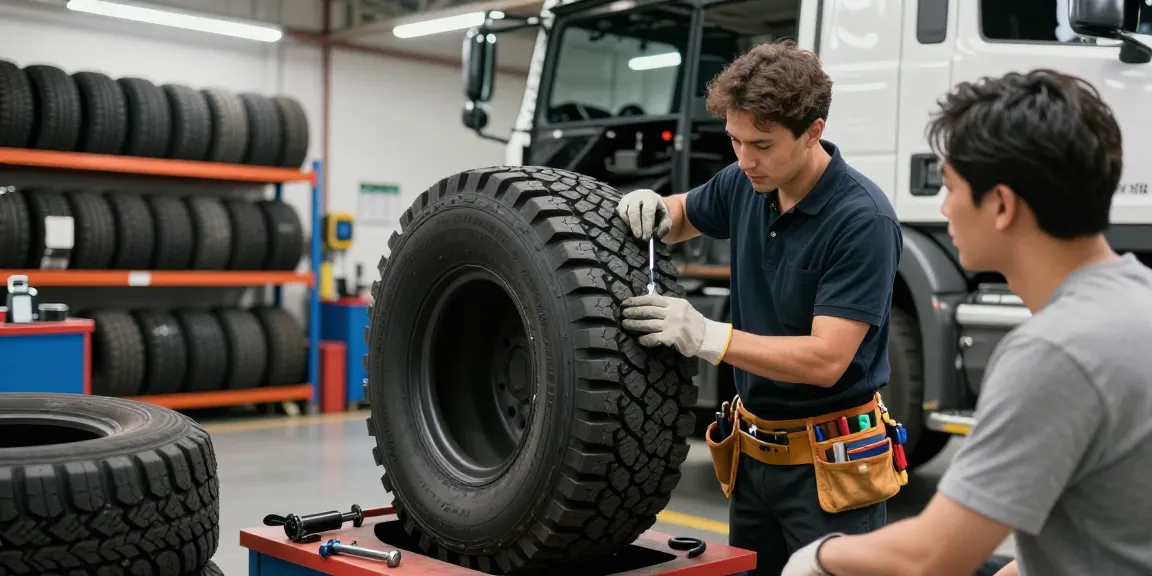 Mechanic inspecting Double Coin RR99 tire in workshop, highlighting tire features and maintenance.