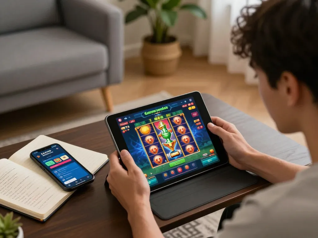 Engaging gameplay on tablet showcasing slot gacor gampang menang while player tracks strategy notes.