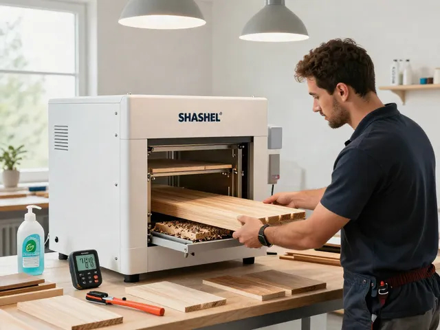 SHASHEL® microwave technology treatment process for wood-boring insect elimination in a modern workshop.