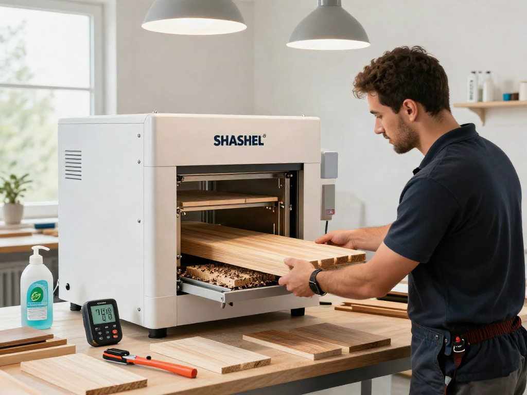 SHASHEL® microwave technology treatment process for wood-boring insect elimination in a modern workshop.