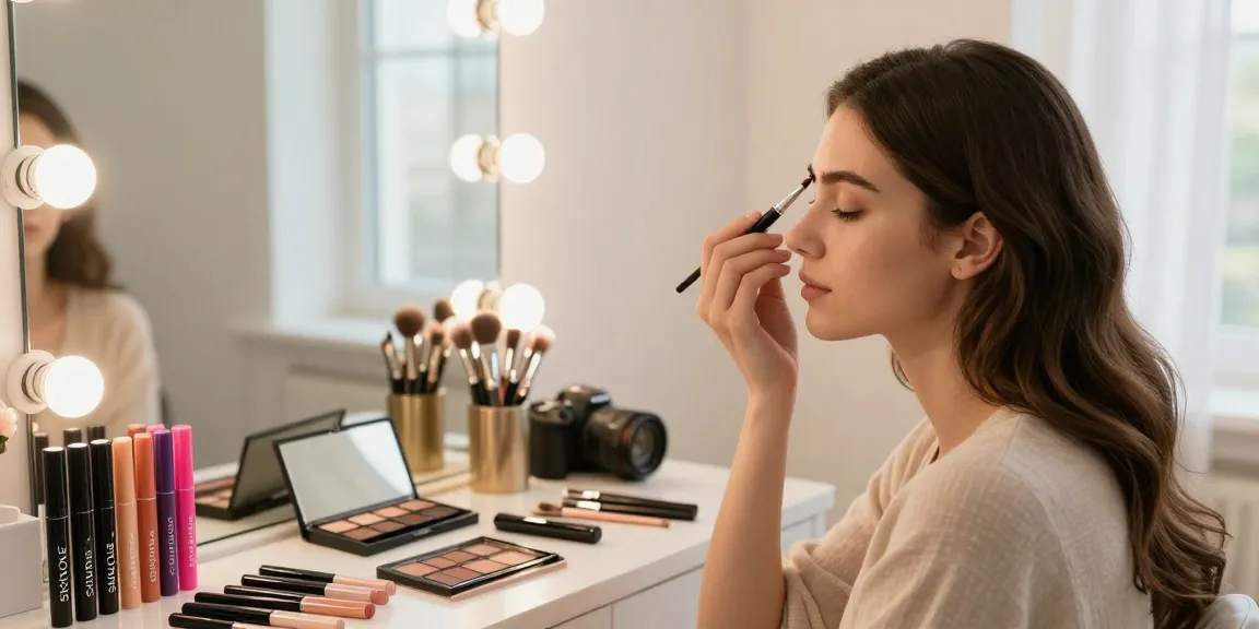 Model applying an eyebrow pen in a stylish makeup studio, showcasing natural beauty and Skone Cosmetics.