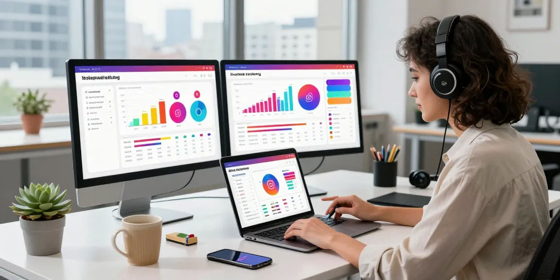 Digital marketer analyzing active Instagram followers growth in a modern urban office.