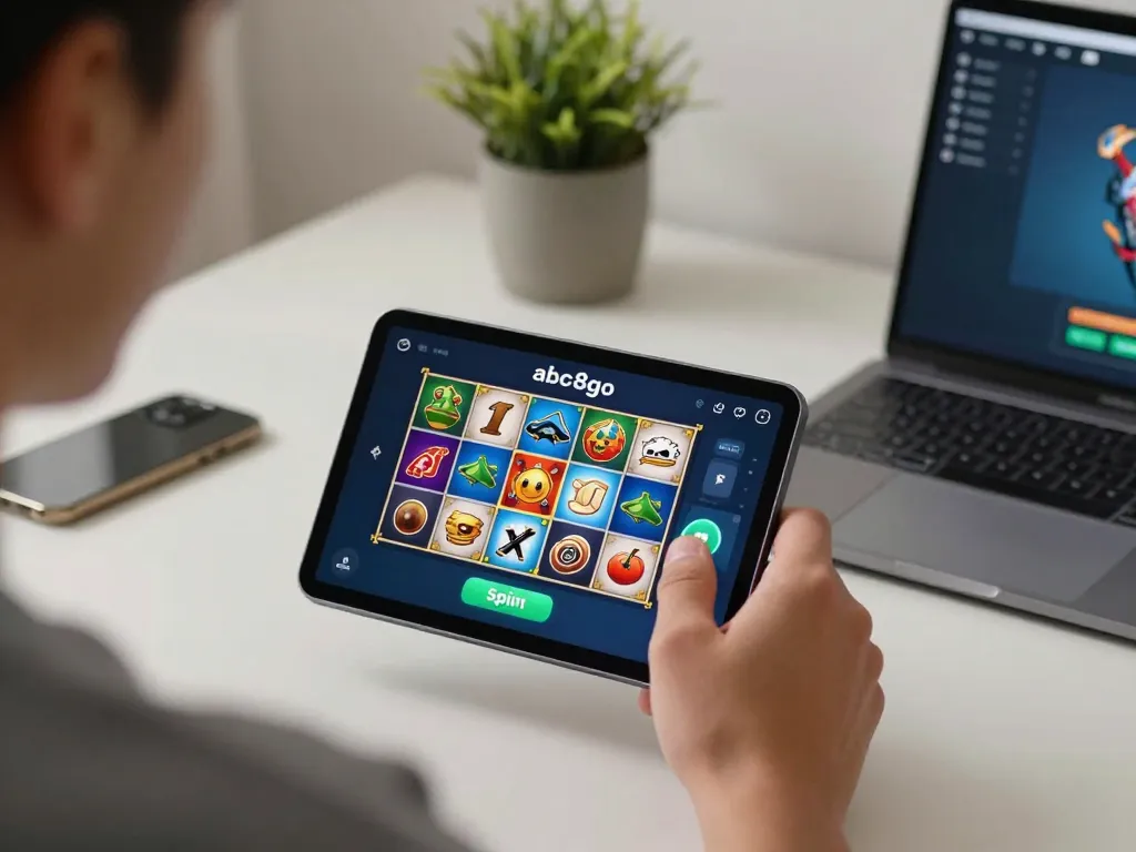 Player enjoying the abc8go app while spinning slots on mobile, reflecting excitement in a cozy home.