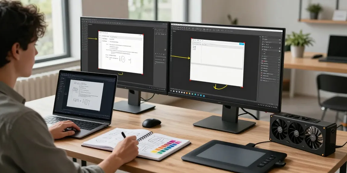 High-tech workspace showcasing 截图软件下载 with dual monitors displaying Snipaste functionalities for efficient screen capturing and annotation.
