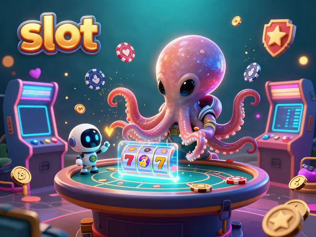 Interact with a vibrant slot scene featuring an alien octopus at a holographic poker table with retro arcade elements.