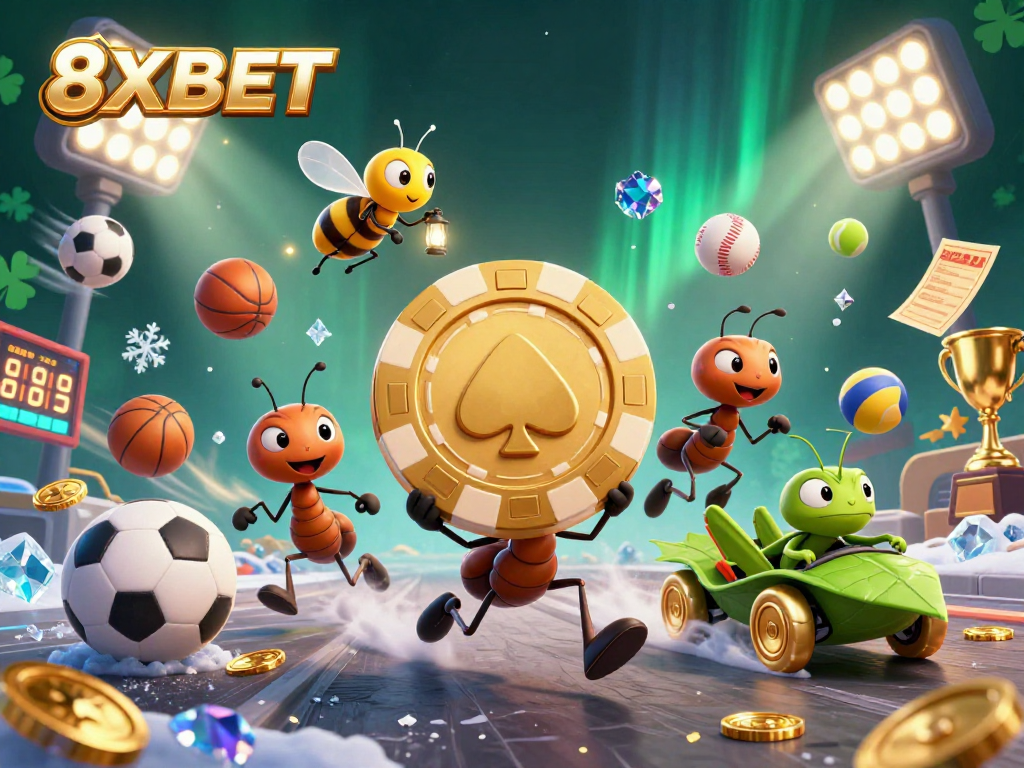 Experience the excitement of 8XBET with a team of ants on a golden poker chip heist, surrounded by dynamic sports elements.
