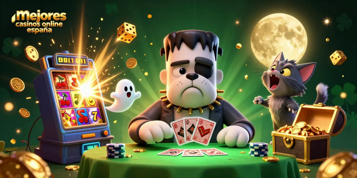 Jugando en los mejores casinos online en España, un bulldog monstruo reparte cartas en una mesa verde iluminada.