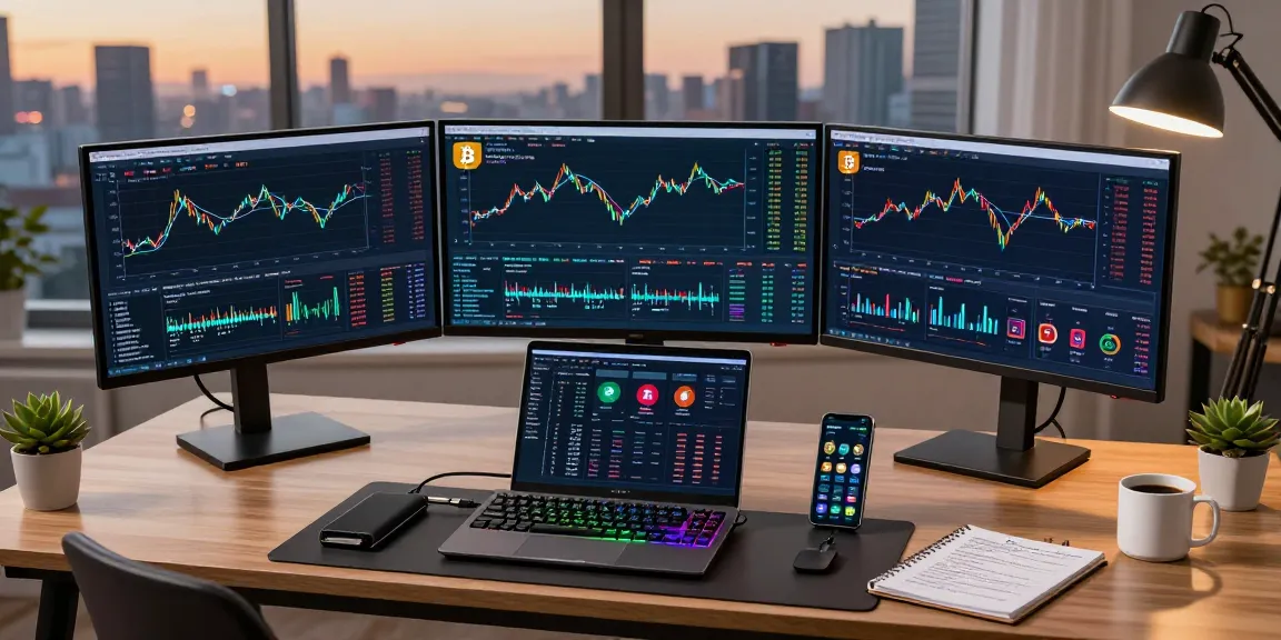 Cricbet trading workspace with monitors displaying real-time cryptocurrency data and a digital wallet for secure transactions.