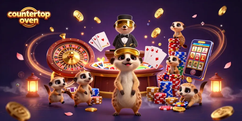 Experience the excitement of countertop oven gaming in a vibrant casino scene with energetic meerkats.