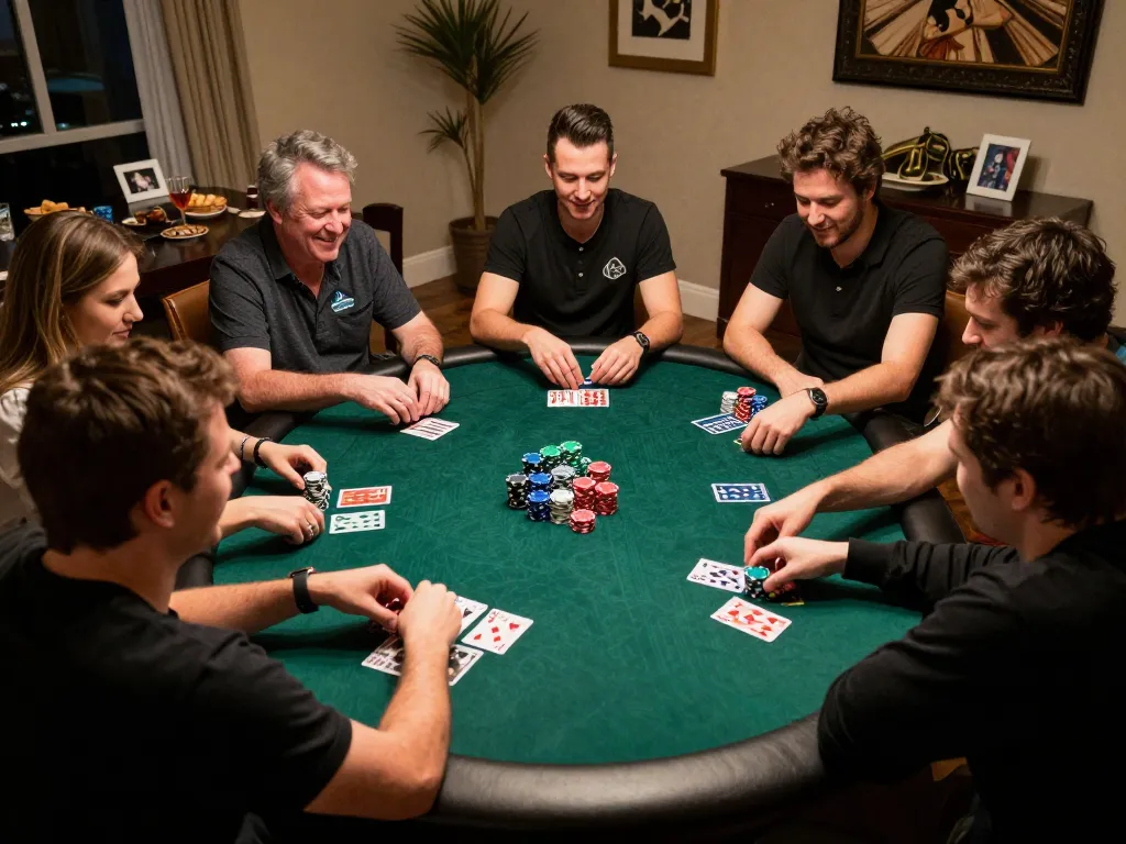 Players engaged in a high-stakes poker game at home, showcasing excitement and strategy for hay88x
