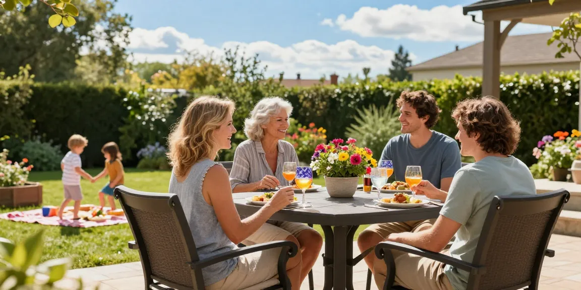 Outdoor family gathering showcasing stylish patio furniture clearance in a sunny garden setting