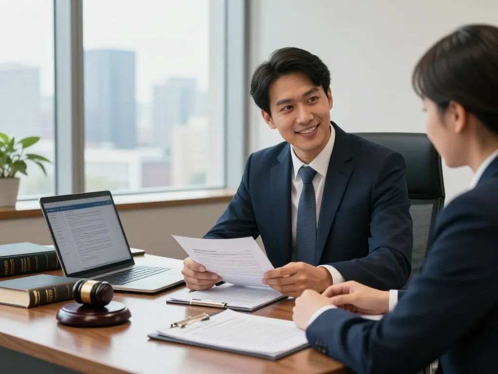 USA lawyers discussing case in a professional office setting with documents and legal books.