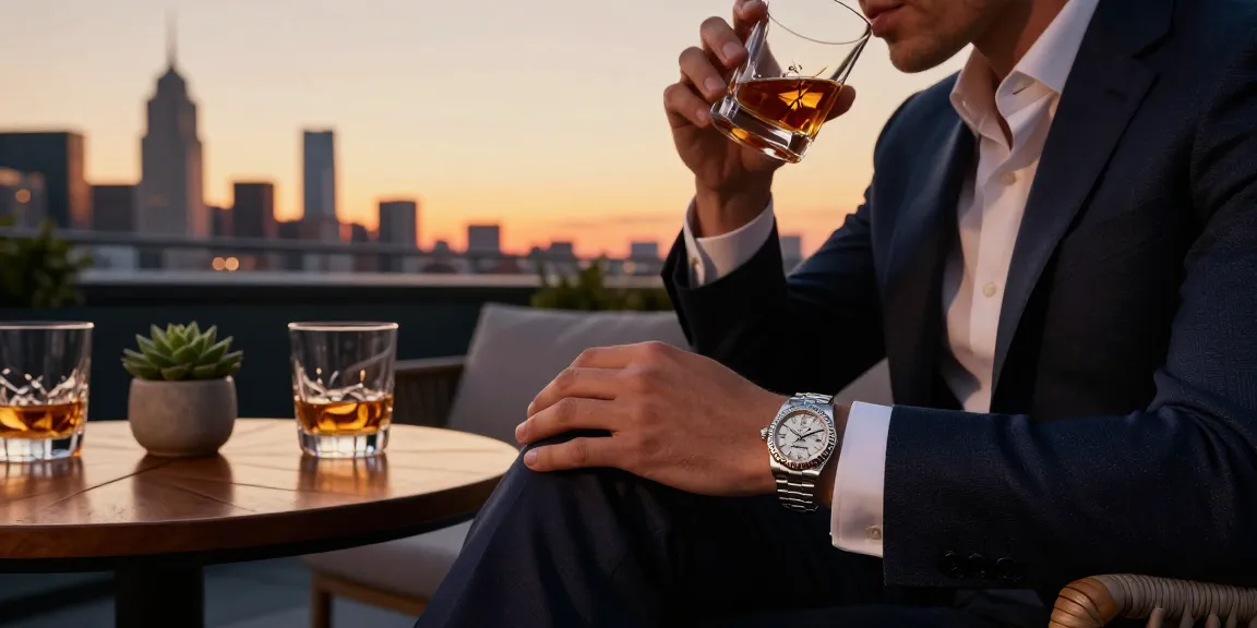Person showcasing rolex super clone watches in an elegant rooftop sunset setting.