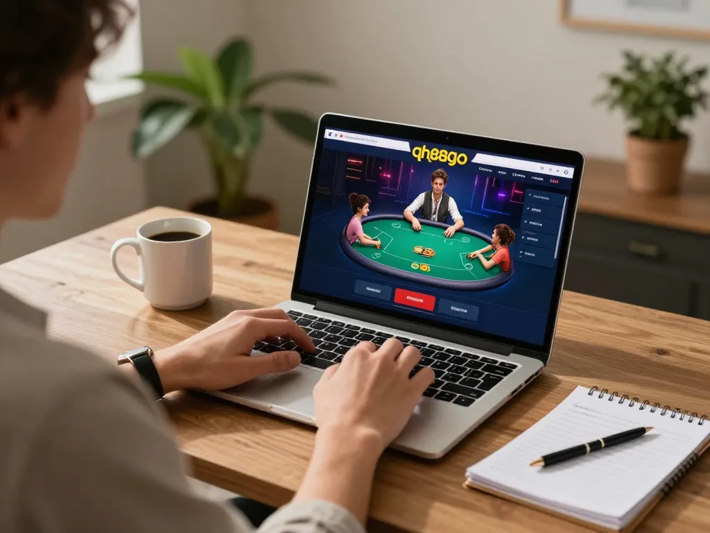 Person playing qh88go online poker at home, showcasing a cozy gaming setup.