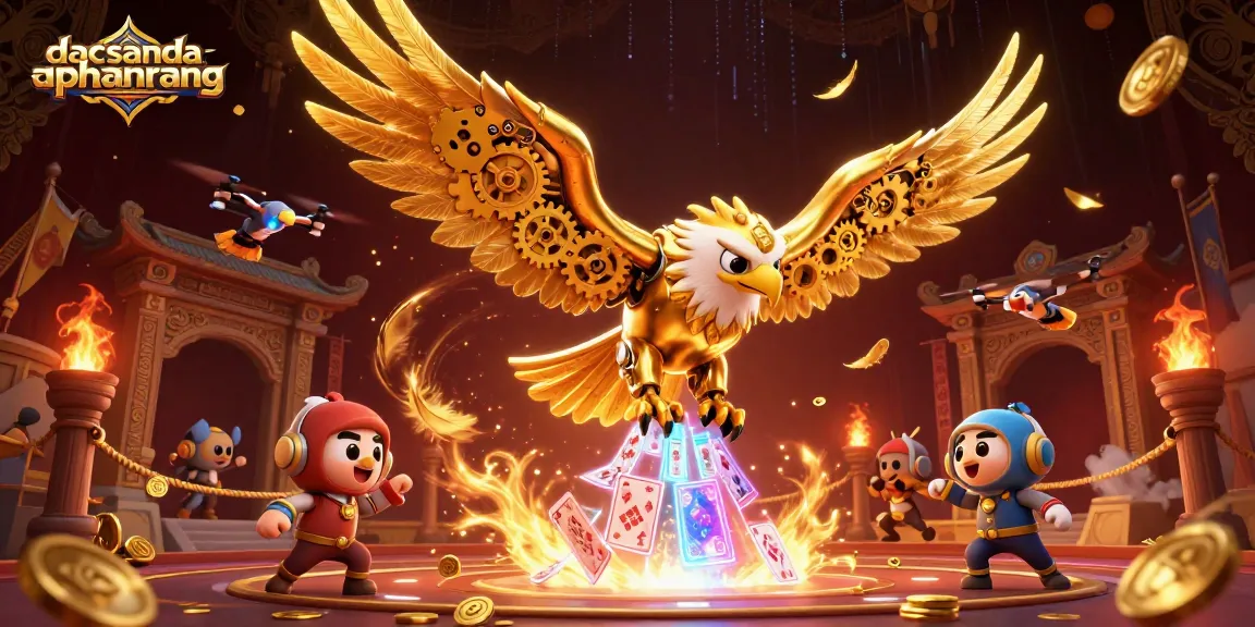 Engage with dacsandatphanrang as a cybernetic eagle dives through glowing cards and coins in a vibrant casino scene.