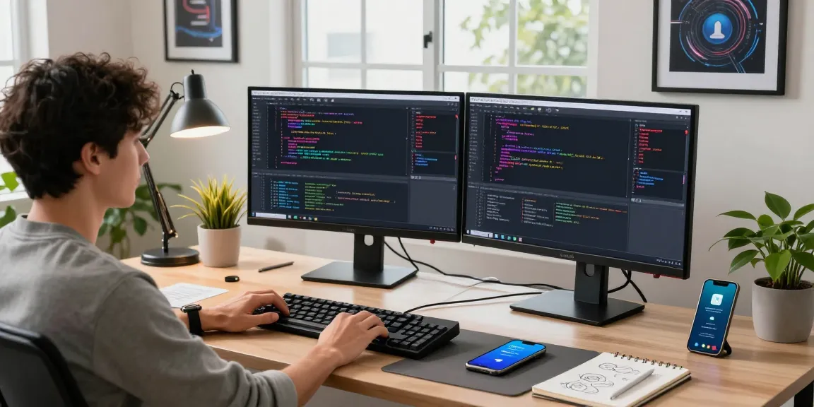 Developer using telegramin-cn.com in a tech workspace, showcasing code displays and modern gadgets.