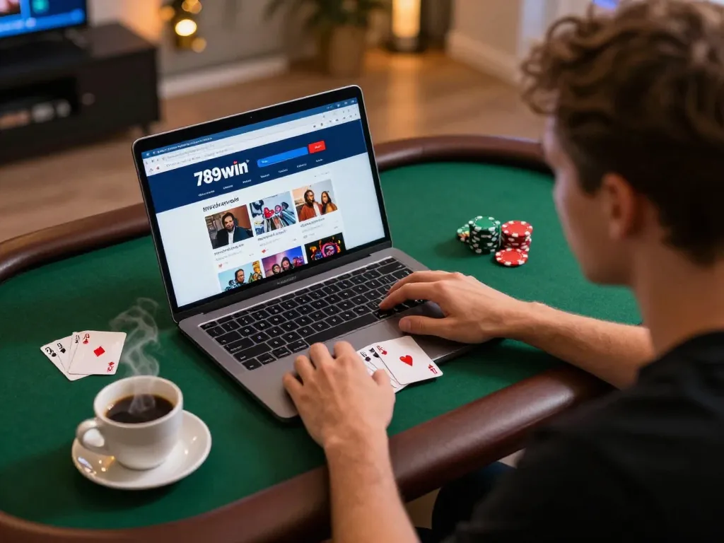Enjoying online gaming at home with 789win link mới displayed on laptop, showcasing a cozy gambling atmosphere.