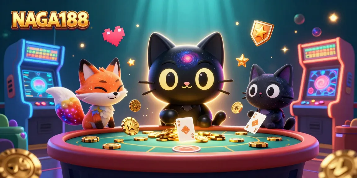 NAGA188 menghadirkan momen menggembirakan di kasino dengan kucing hitam berputar menarik chip emas dan kartu.