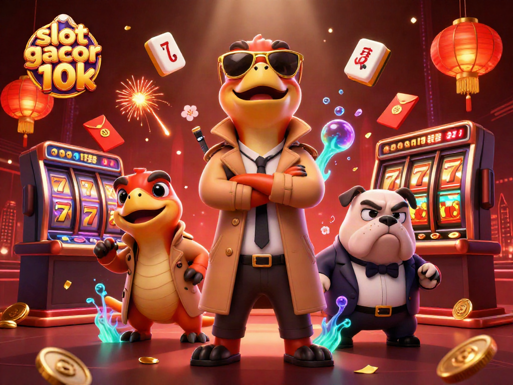 Three raptors in a trench coat trying to enter a VIP lounge while showcasing slot gacor 10k elements and festive casino atmosphere.