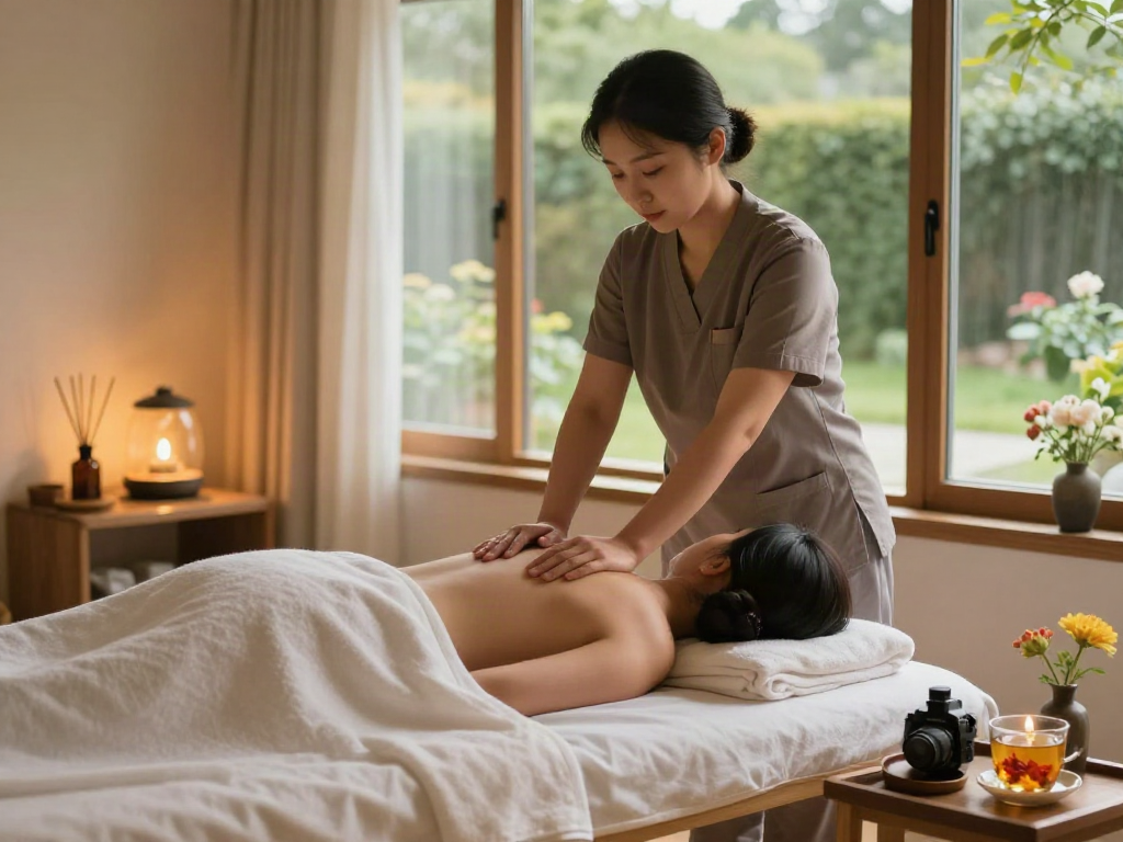Experience tranquility with a 군포출장마사지 in a serene home setting, featuring a skilled therapist and calming decorations.