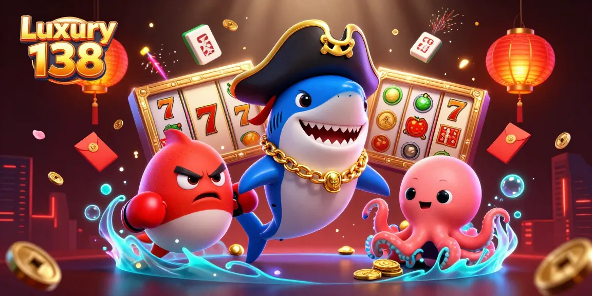 Experience thrilling gameplay at Luxury 138 with exciting slot reels, lively characters, and casino elements.