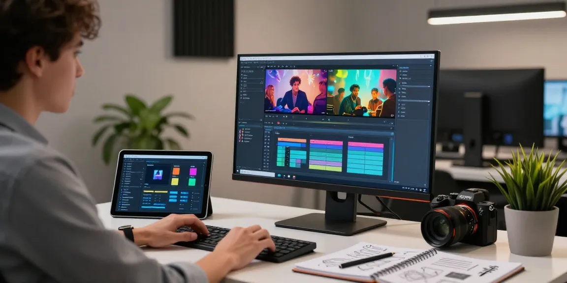 Professional using prompt ai in tech workspace to generate video prompts with dynamic visuals and ambient lighting.