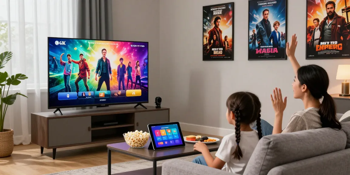 Family enjoying movie night with Iron tv pro on Smart TV in a cozy living room