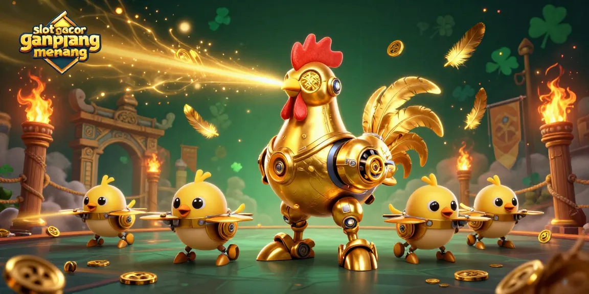 Permainan slot gacor gampang menang dengan robot ayam emas dan drone, dikelilingi koin emas.