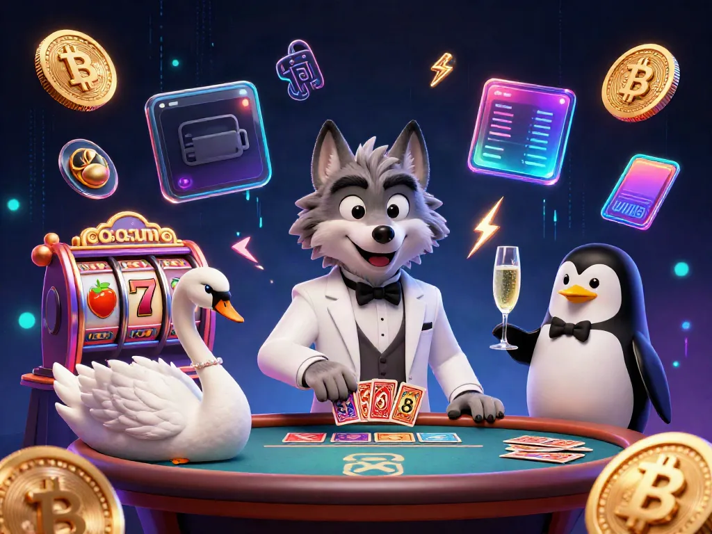 Engaging casino scene with cartoon wolf, swan, and penguin amidst vibrant slot reels and cryptocurrency elements.