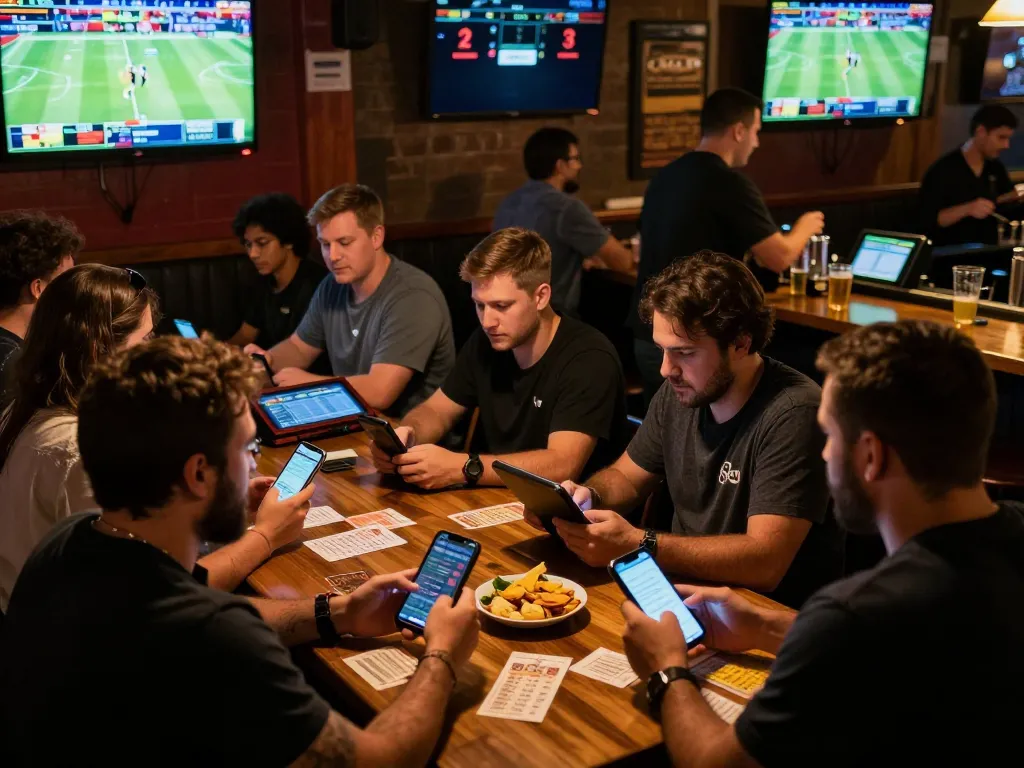 Bongdallu users engaged in exciting sports betting at a lively bar with multiple screens