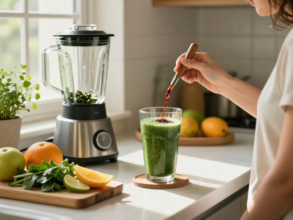 Boost your wellness with microalgae astaxanthin smoothie in a vibrant kitchen.