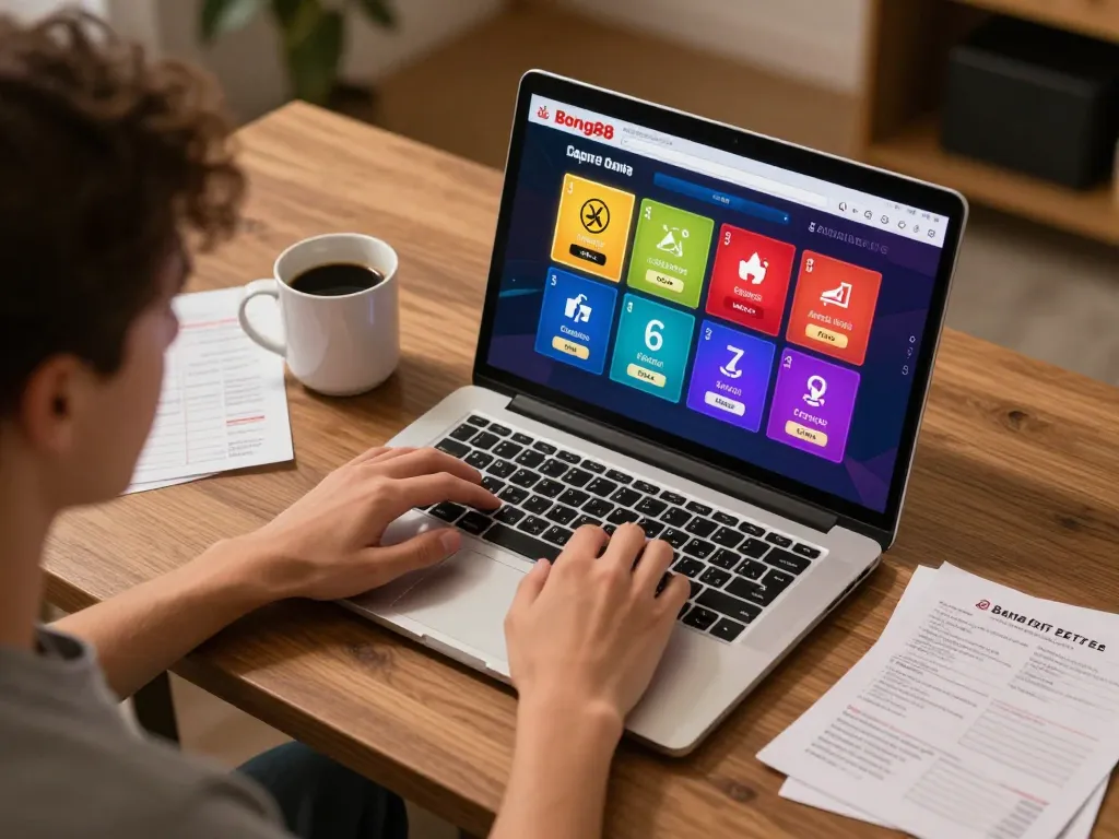 Bong88 user engaging in online betting with interactive app on laptop.