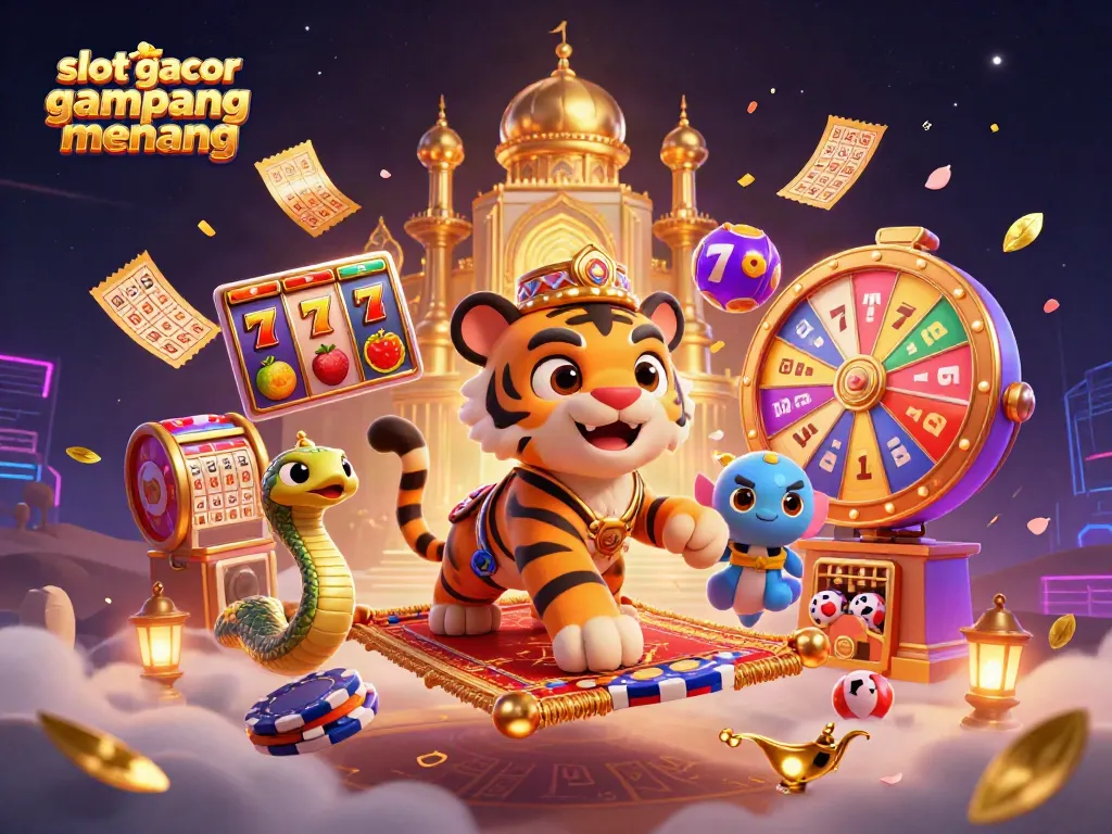 Ilustrasi slot gacor gampang menang yang menunjukkan sultan harimau dan genie, dikelilingi simbol permainan
