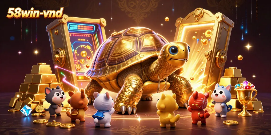 Engage with 58win-vnd's dynamic casino experience featuring a golden tortoise and treasure elements.