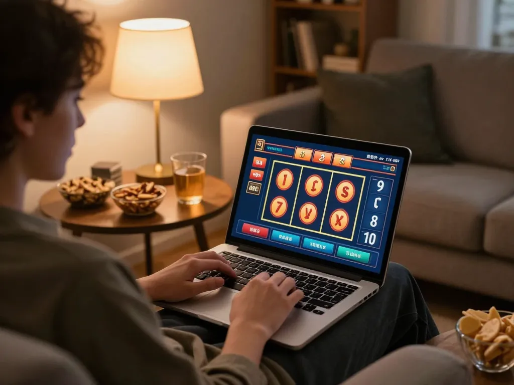 Player engaging with bet bet online slots from a cozy home gaming setup, showcasing excitement and strategy