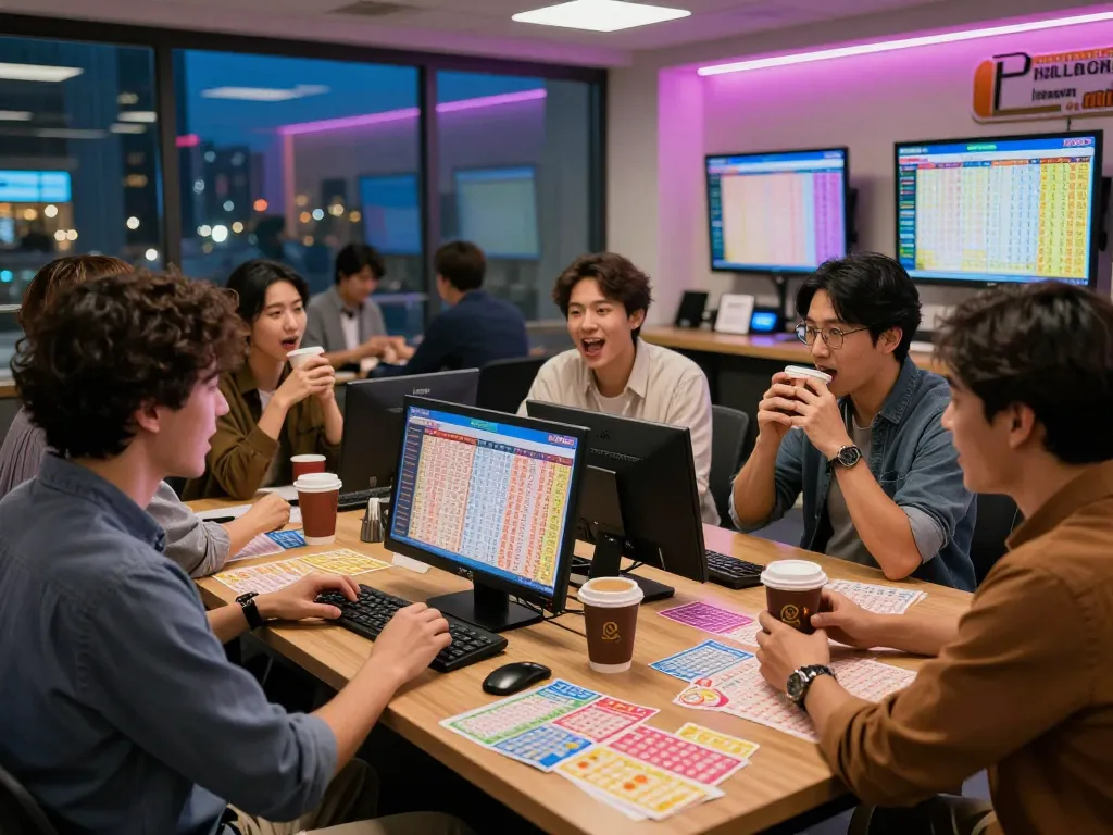 Enthusiastic players analyzing Data HK lottery results in a vibrant office setting during the evening.