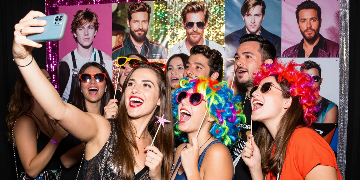 Friends discovering look alikes of famous people in a colorful photo booth.