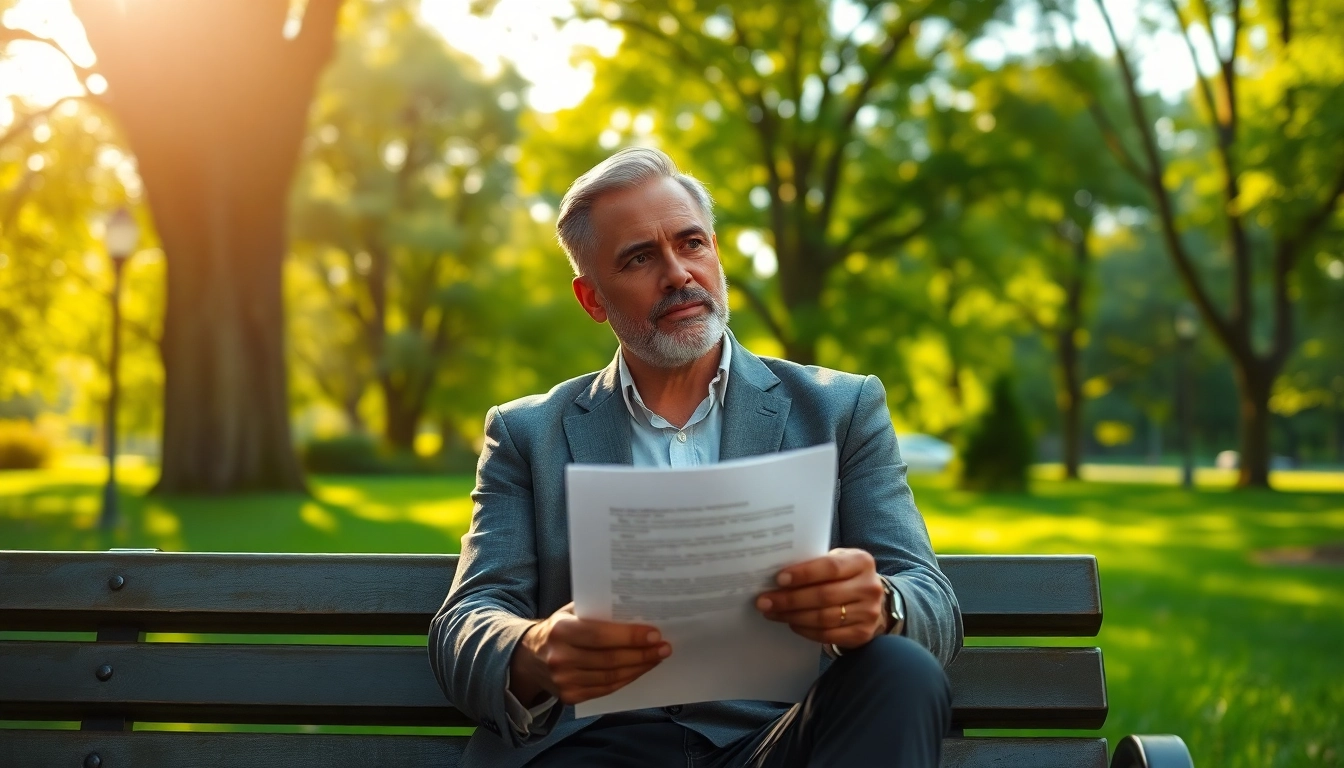 Enduring Guardian thoughtfully reviewing a document in a sunny park.