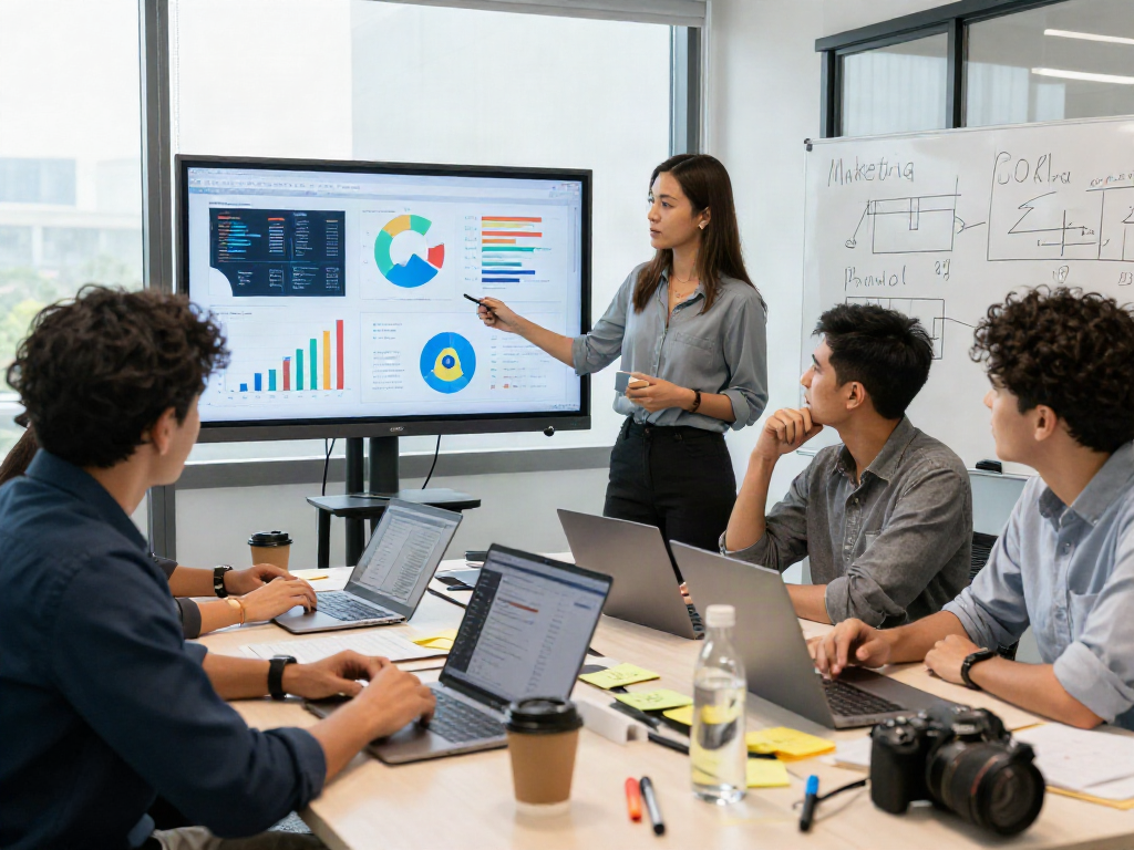 Team collaborating on digital marketing strategies using bro138 metrics in a modern office.