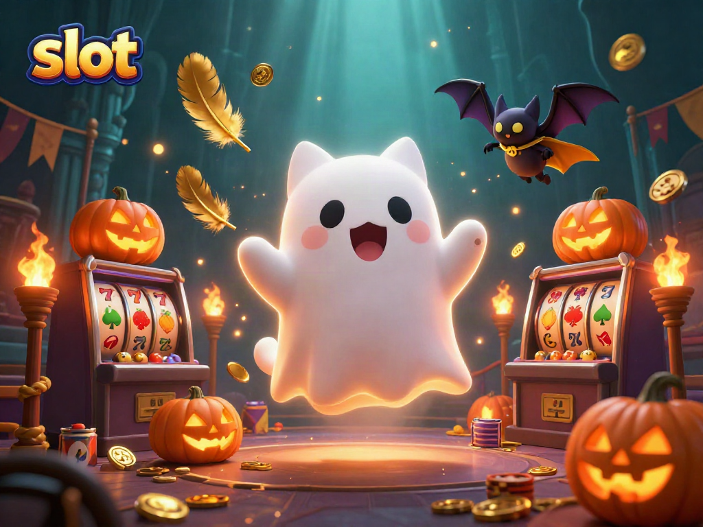 Experience the thrill of slot with a ghost cat and vampire bat amidst a vibrant casino scene.