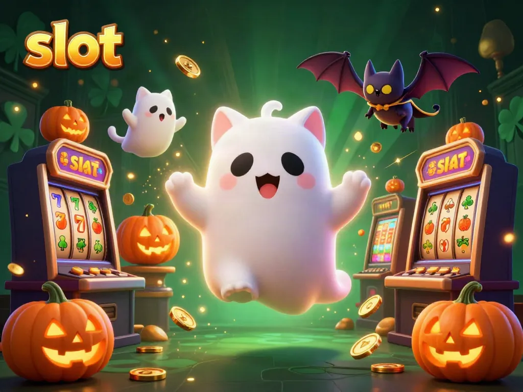 Engage with the thrill of slot action featuring a ghost cat and vampire bat in a haunted casino scene.