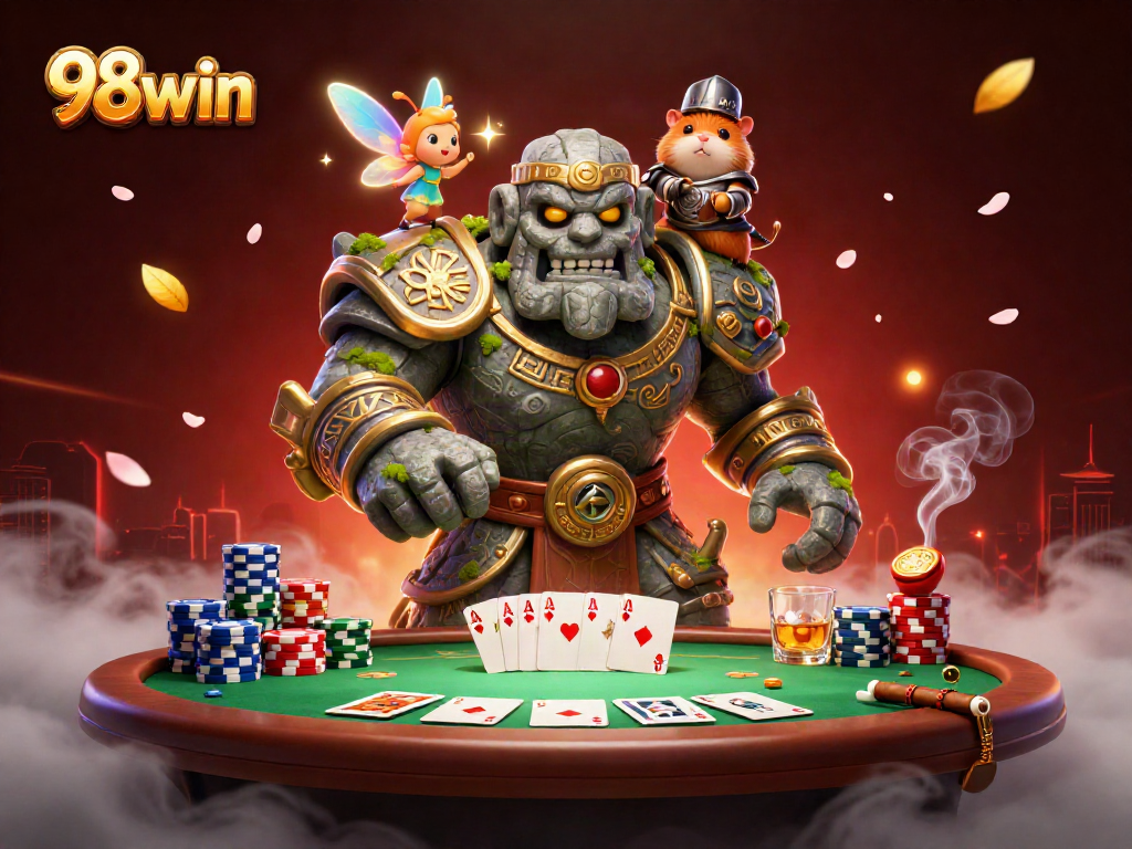 Engage with 98win's exciting poker scene featuring a mystical golem, fairy, and hamster knight.