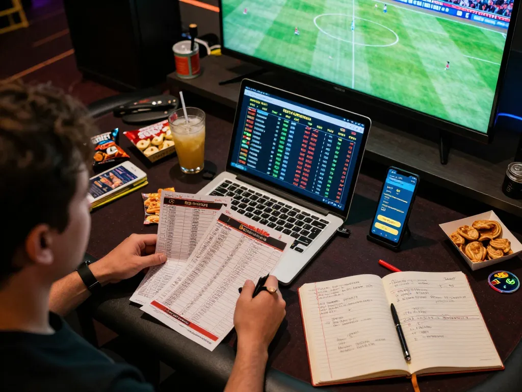 Person strategizing sports bets on sc88 with betting slips and live game updates