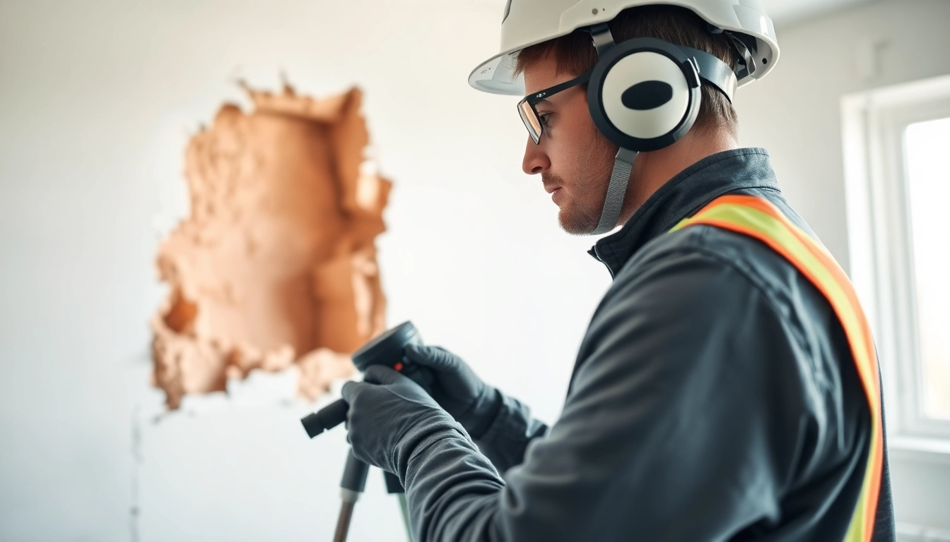 Engaging spray foam removal consultation illustrating a technician assessing foam with safety gear.