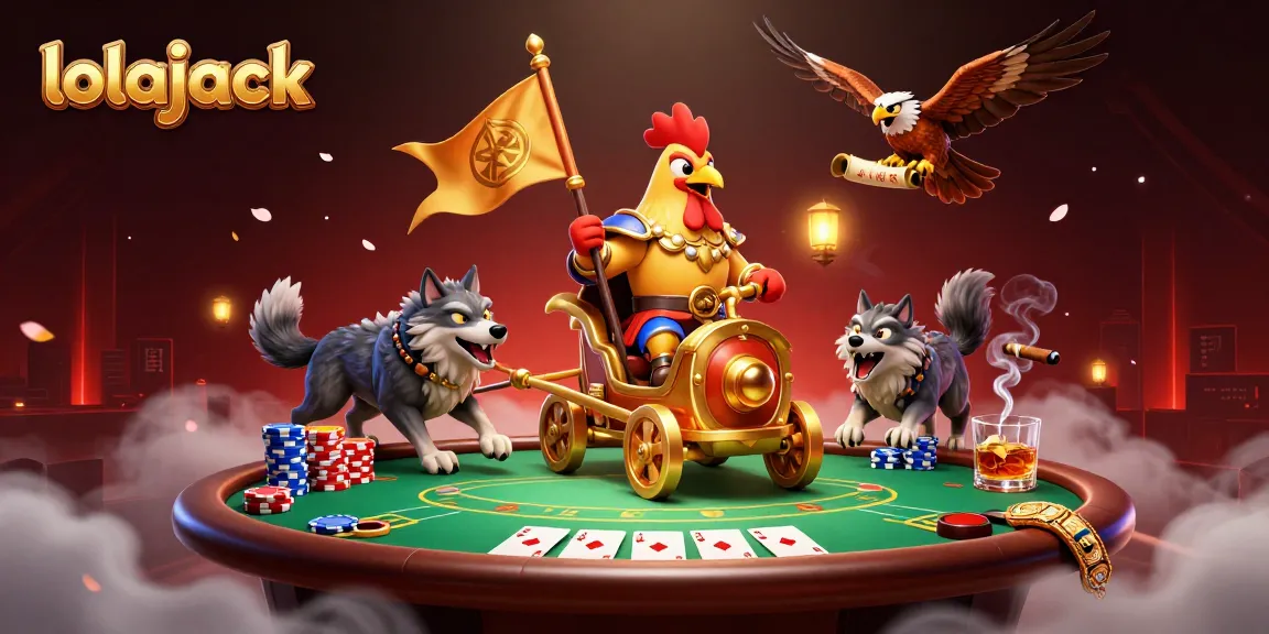 Engage with lolajack's thrilling casino experience featuring a rooster warlord and poker elements.