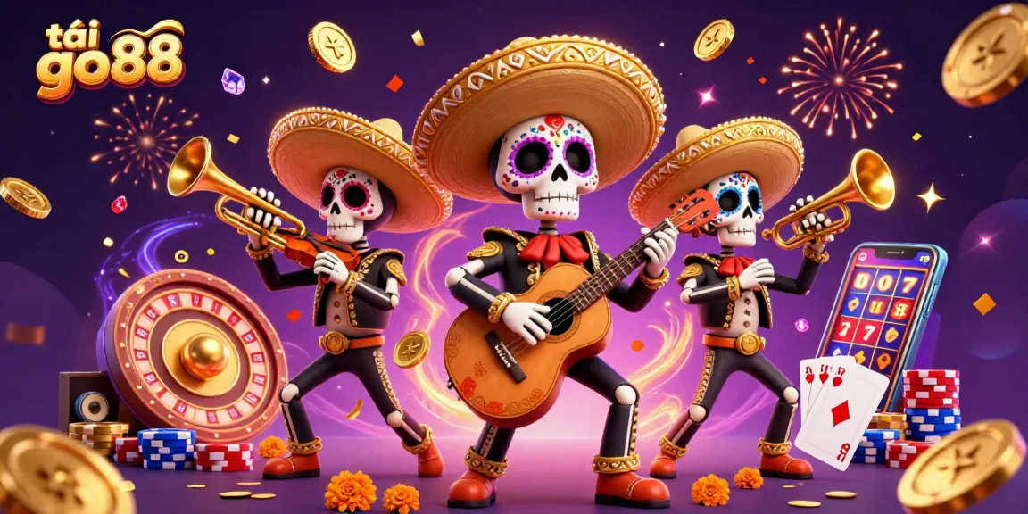 Join the excitement with tải go88, featuring a vibrant mariachi band amidst cascading coins and casino elements.